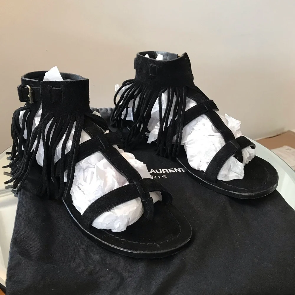 Saint Laurent Black Suede Fringe Ankle Strap Sandals